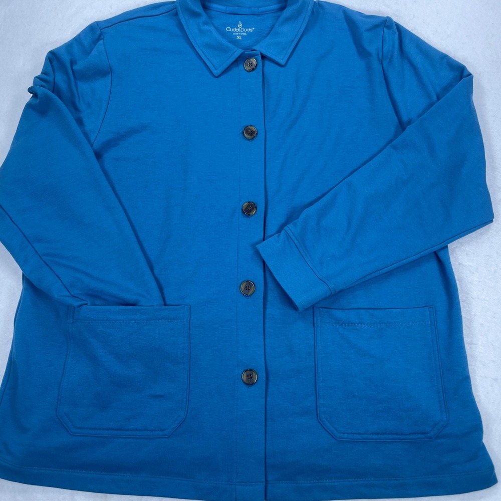 Cuddle Duds Blue Button Front Cardigan Jacket Pockets Womens XL